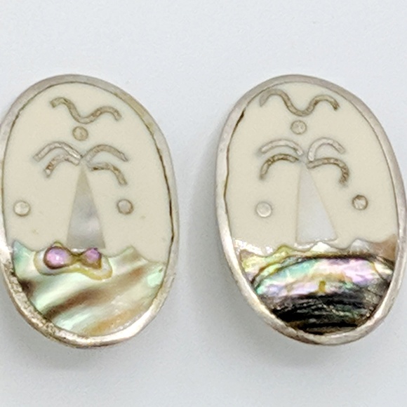 Vintage Abalone Shell Earrings Inlaid Clip On - Picture 2 of 5